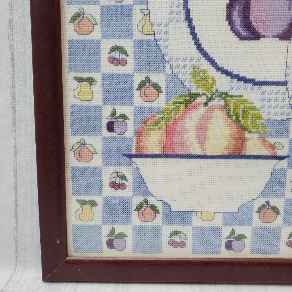 Cross-stitch Framed Art Place Setting and Bowl Of Fruit